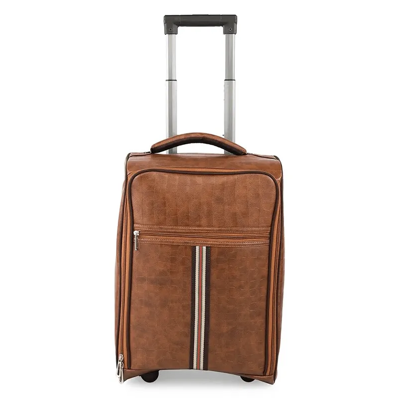 Brown leather look trolley travel bag with telescopic handle and wheels, front zip pocket and spacious compartment for corporate travel and bulk orders in events and promotions.