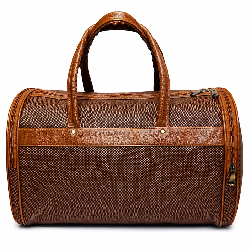 Brown Pu leather finish travel duffel bag front view for corporate gifting bulk b2b in events, promotions & conferences