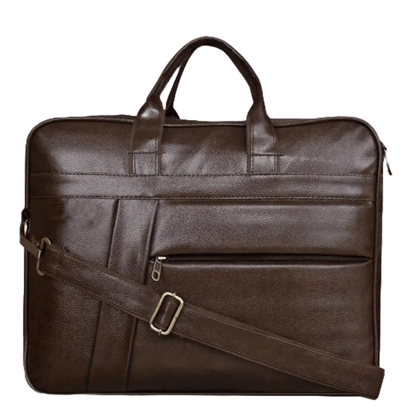 Brown leather office laptop bag front view for bulk corporate gifting in events, seminars, promotions. customized laptop bags in bulk