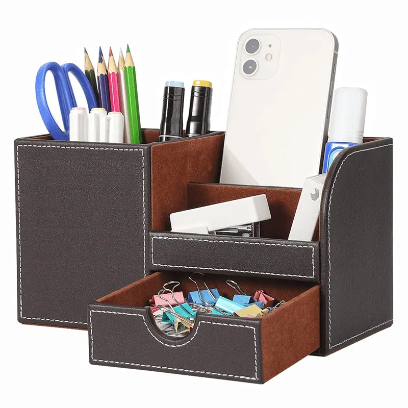 Premium leather desk organizer with drawer for corporate gifting and office table storage