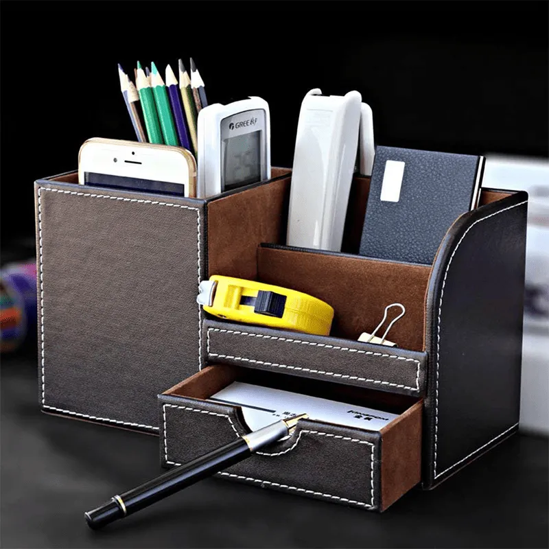 Premium leather desk organizer with drawer for corporate gifting and office table storage