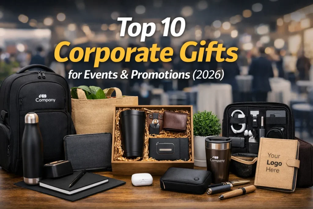 Top 10 corporate gifts for events and promotions 2026 including customized backpack, eco-friendly tote bag, branded water bottle, tech organizer, conference kit and promotional merchandise for corporate branding and business events.