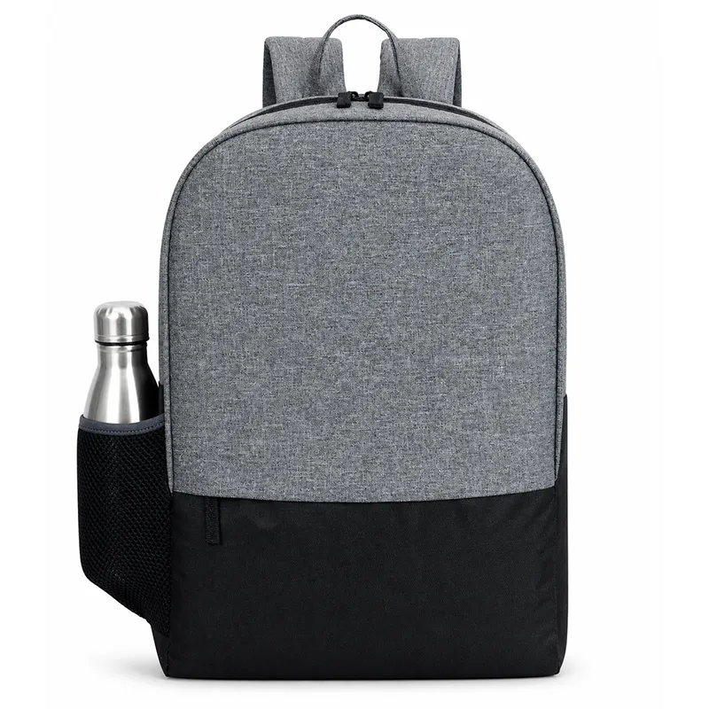 Grey and black promotional backpacks with logo for bulk corporate gifting for employees in events and promotions.
