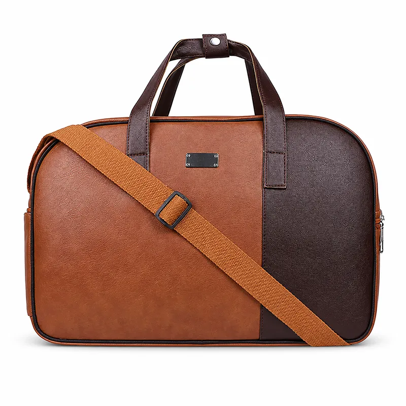 Premium Pu leather duffel bags for employees brown corporate travel bag with shoulder strap and spacious compartment for bulk corporate gifting in events and business promotions
