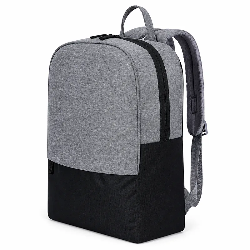 Grey and black promotional backpacks with logo for bulk corporate gifting for employees in events and promotions.
