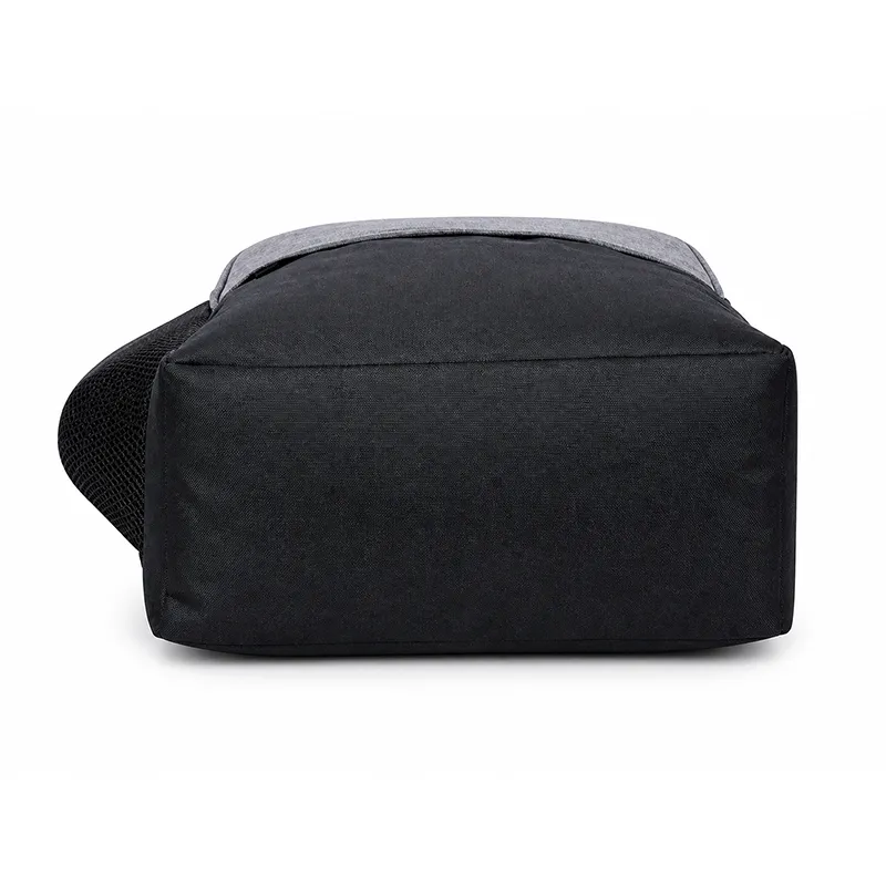 Grey and black promotional backpacks with logo for bulk corporate gifting for employees in events and promotions.