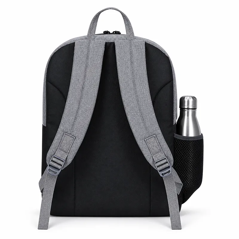 Grey and black promotional backpacks with logo for bulk corporate gifting for employees in events and promotions.