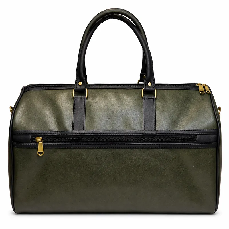 Premium olive green Pu leather corporate travel bags India Mumbai duffel bag with black handles and spacious travel storage for gifting in bulk in events, promotions, employee gifting & bulk orders