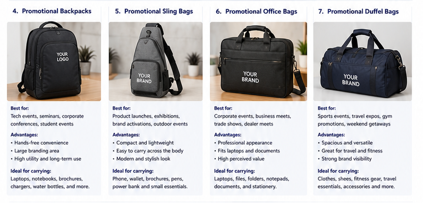 Promotional duffel bags for corporate exhibitions, Promotional sling bags for exhibitions, Promotional office bags for trade shows, Promotional backpacks for events & promotions.