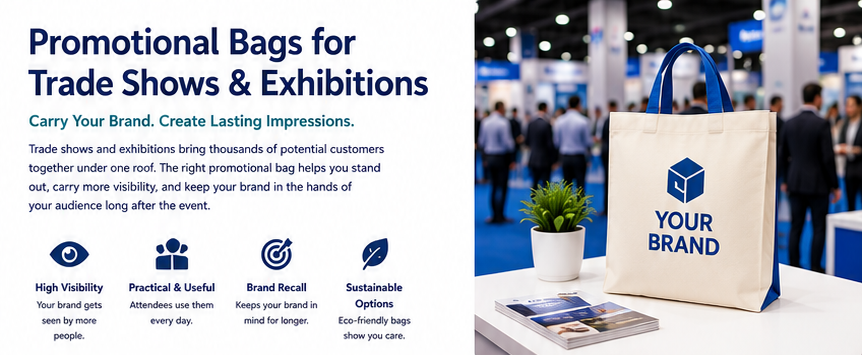 Promotional bags for trade shows and exhibitions, Customized exhibition bags with company logo, Corporate promotional bags for events and expos