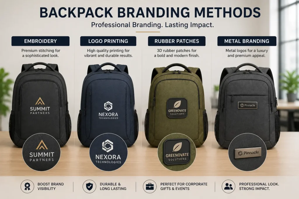 Corporate backpack branding techniques including embroidery and logo printing