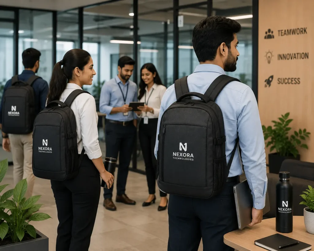 Customized corporate backpacks with logo branding for employees