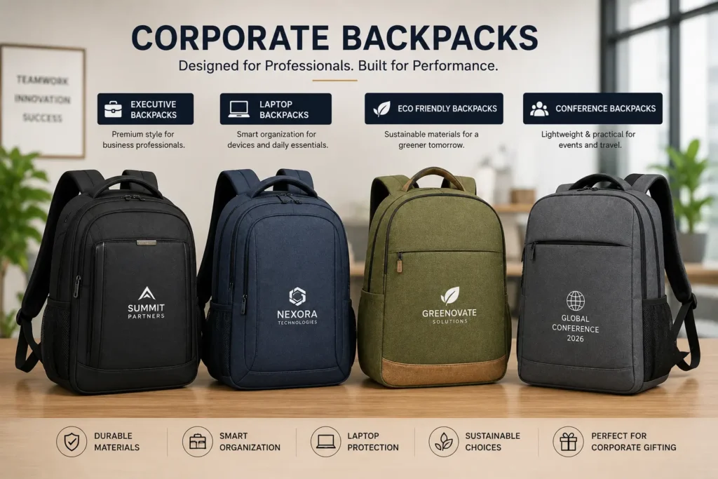 Different types of corporate backpacks used for employee gifting and conferences